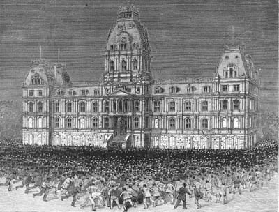 An artist's depiction of the Leicester anti-compulsory vaccination protest of 1885 which saw up to 100,000 people marching against compulsory shots.