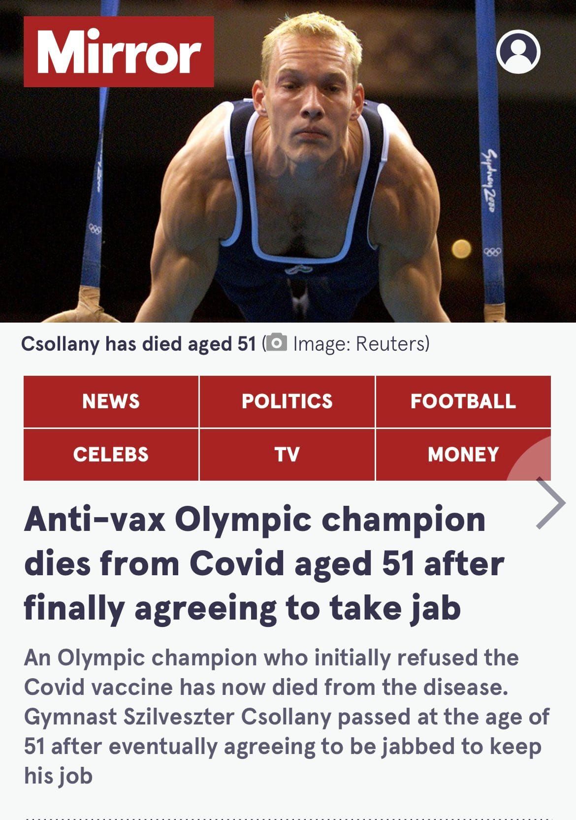 Headline Correction: Hungarian Champion Athlete is forced to take COVID jab and dies as a result