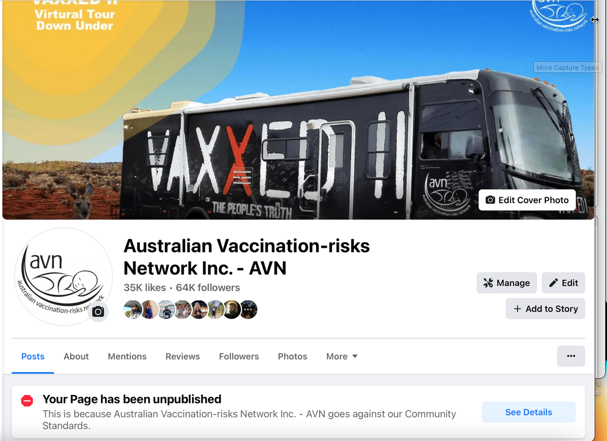 Facebook Unpublishes the Australian Vaccination-Risk Network's (AVN) Page