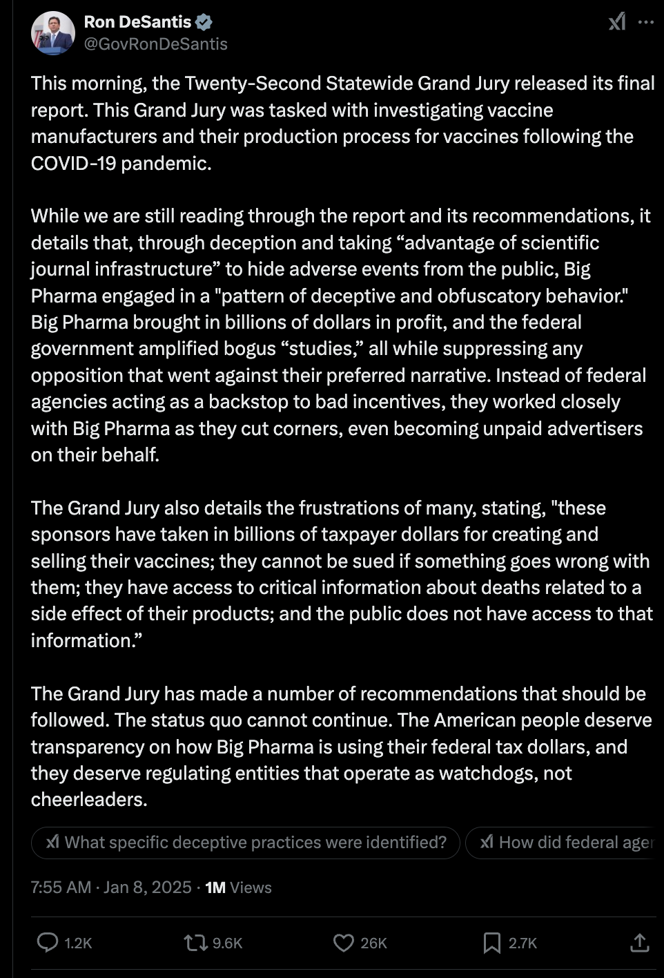 I'm going off half-cocked again - but I think it's justified. This just in from Governor Ron Desantis of Florida