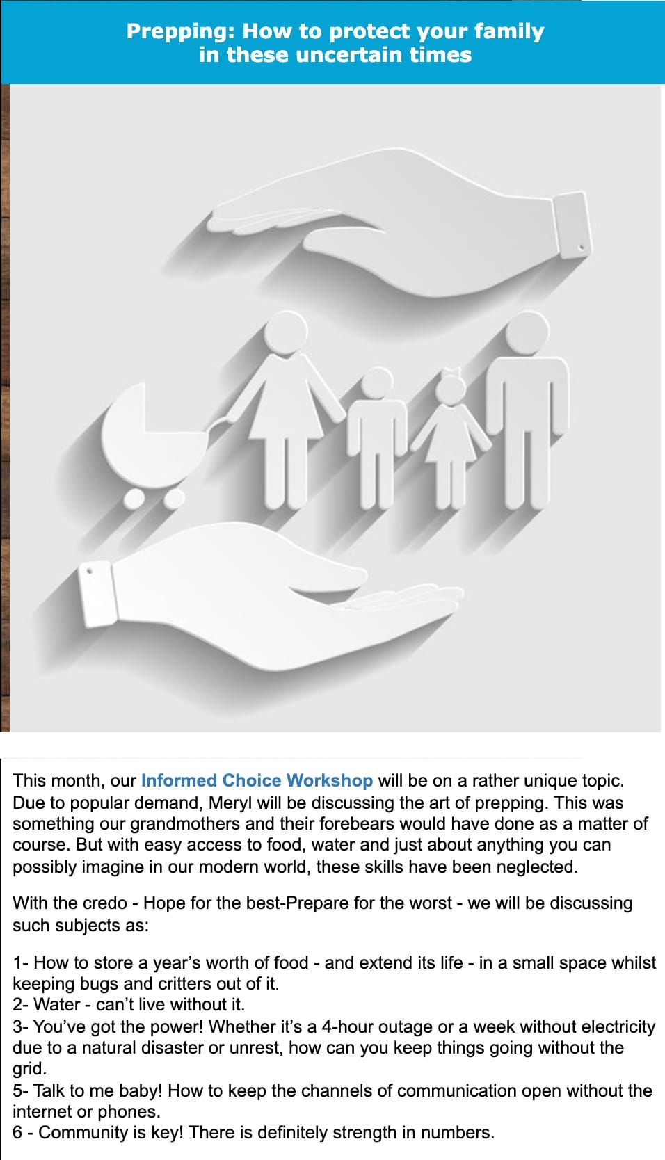 Reminder: Prepping for Survival Workshop Tonight at 7:30 PM AEST