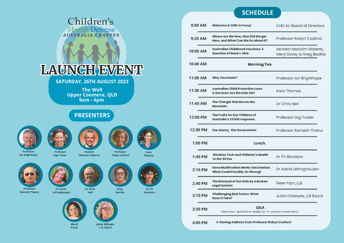 Schedule for Saturday's Children's Health Defense Australia launch and a better link for booking either live or virtual tickets