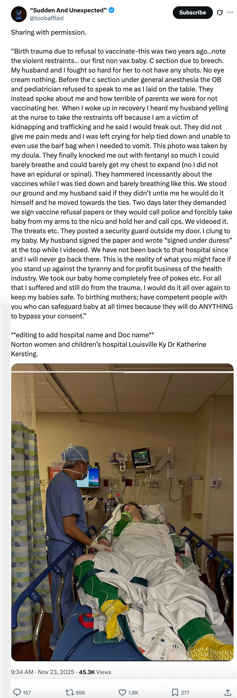 If at all possible, it's best to birth outside of the hospital-this story is the worst I've ever heard!