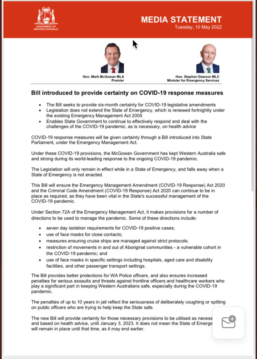 McClown extends the State of Emergency in WA until January 2023