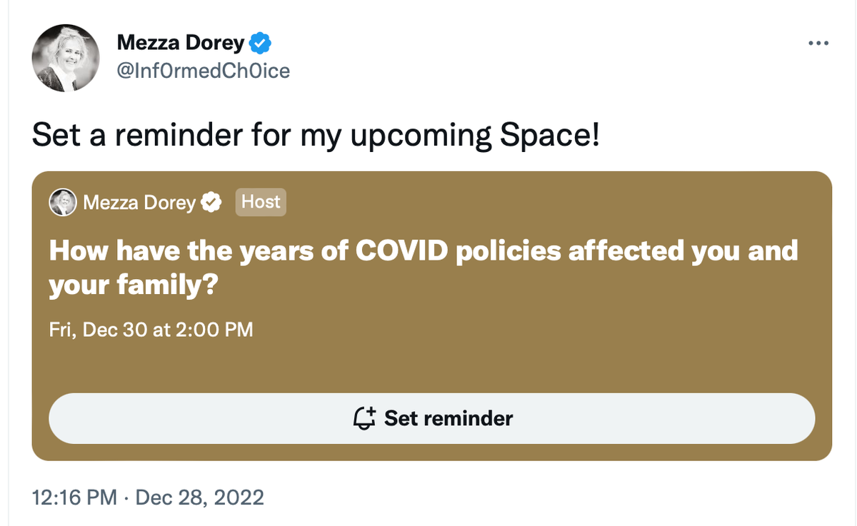 Join my Twitter Space to discuss: How have the years of COVID policies affected you and your family.