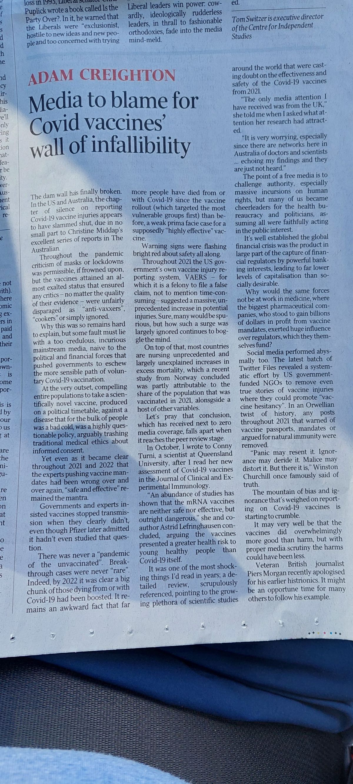 Page 11 of today's Australian Newspaper: Media to Blame for COVID vaccine's wall of infallibility