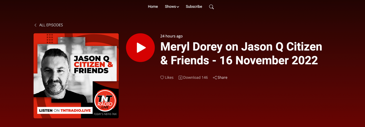 Meryl Dorey interview on the Jason Q Citizen & Friends Podcast - TNT Radio