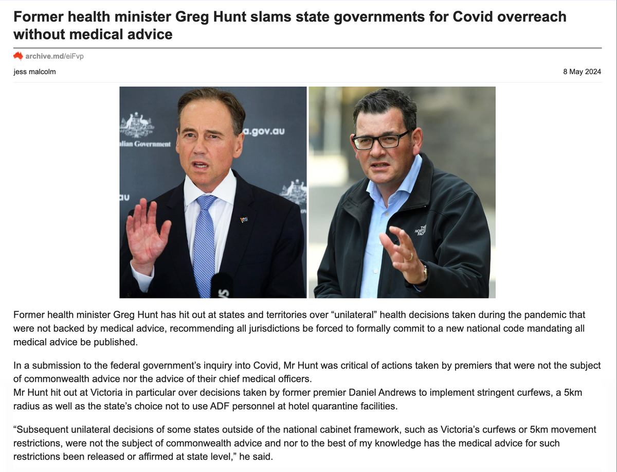 Premiers blasted by Greg Hunt for Covid overreach without medical advice