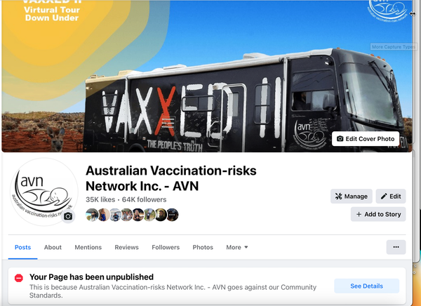 Facebook Unpublishes the Australian Vaccination-Risk Network's (AVN) Page