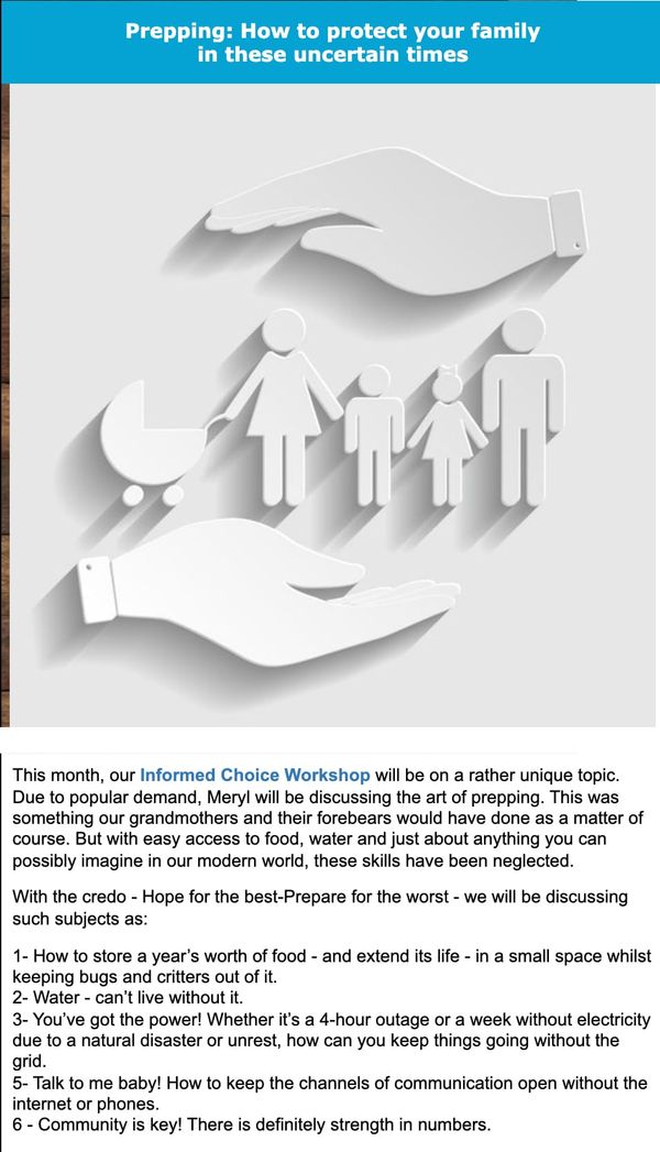 Reminder: Prepping for Survival Workshop Tonight at 7:30 PM AEST