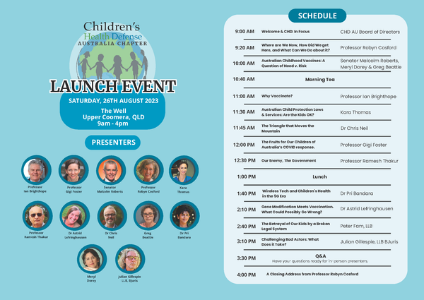Schedule for Saturday's Children's Health Defense Australia launch and a better link for booking either live or virtual tickets