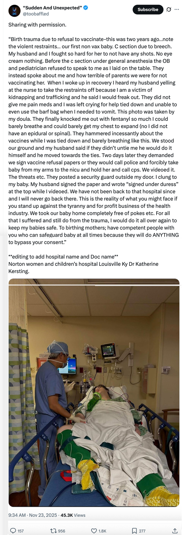 If at all possible, it's best to birth outside of the hospital-this story is the worst I've ever heard!