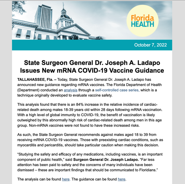 Florida Surgeon General recommends that men aged 18-39 NOT get COVID jabs