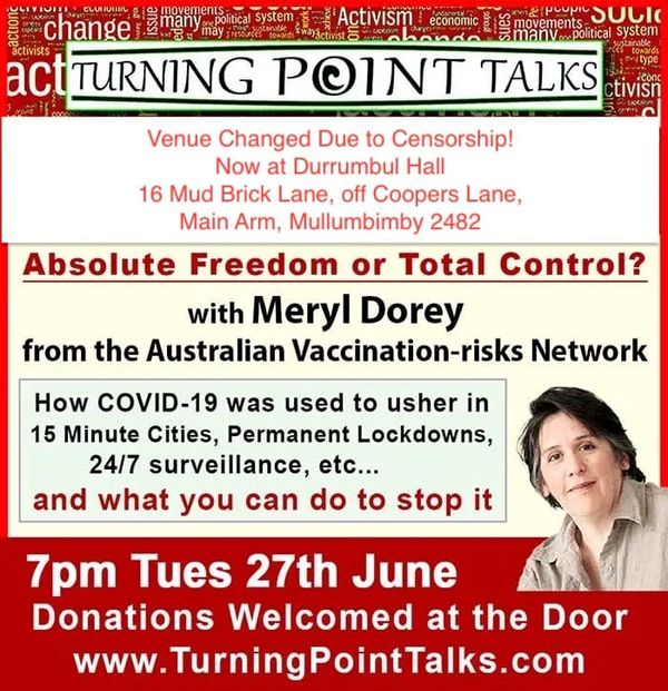 Speaking of Censorship! The Courthouse Hotel in Mullumbimby cancelled the venue for my talk tonight 4 hours before it was due to start!