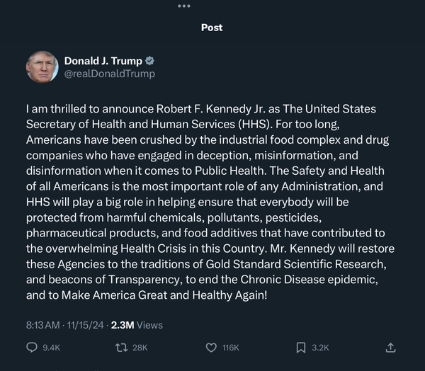 Drop whatever you're doing. I have VERY GOOD NEWS! RFK Jr has been named head of HHS!