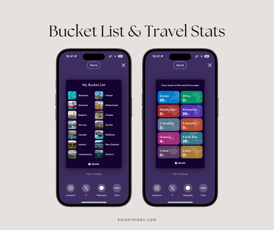 Skratch App screenshot showing the travel bucket list and world travel stats that users can share with friends.