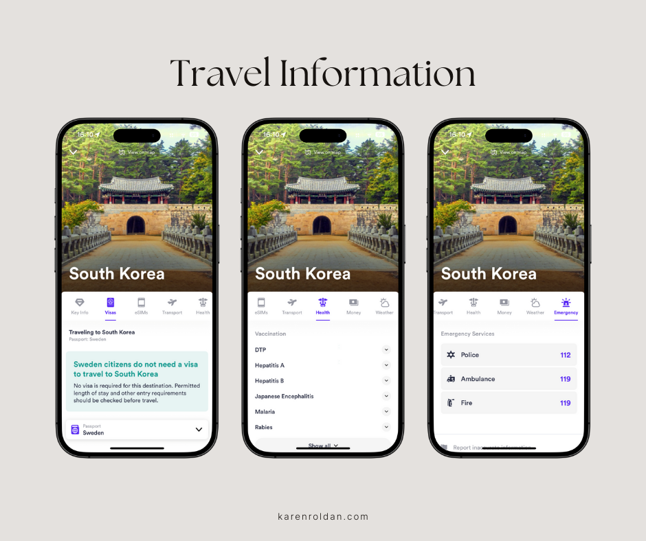 Skratch App screenshot showing travel information for South Korea, including visa requirements, health recommendations, and emergency contacts.