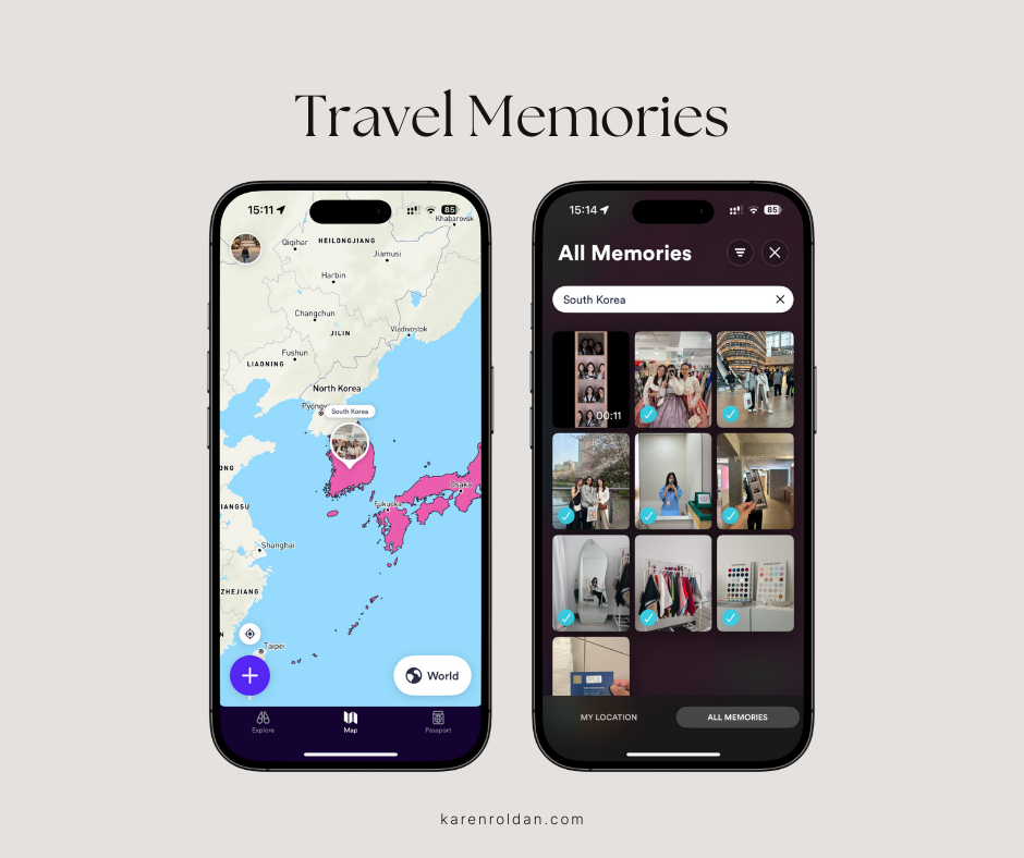Skratch App screenshot showing a travel map of South Korea and a gallery of organized travel memories linked to the location.