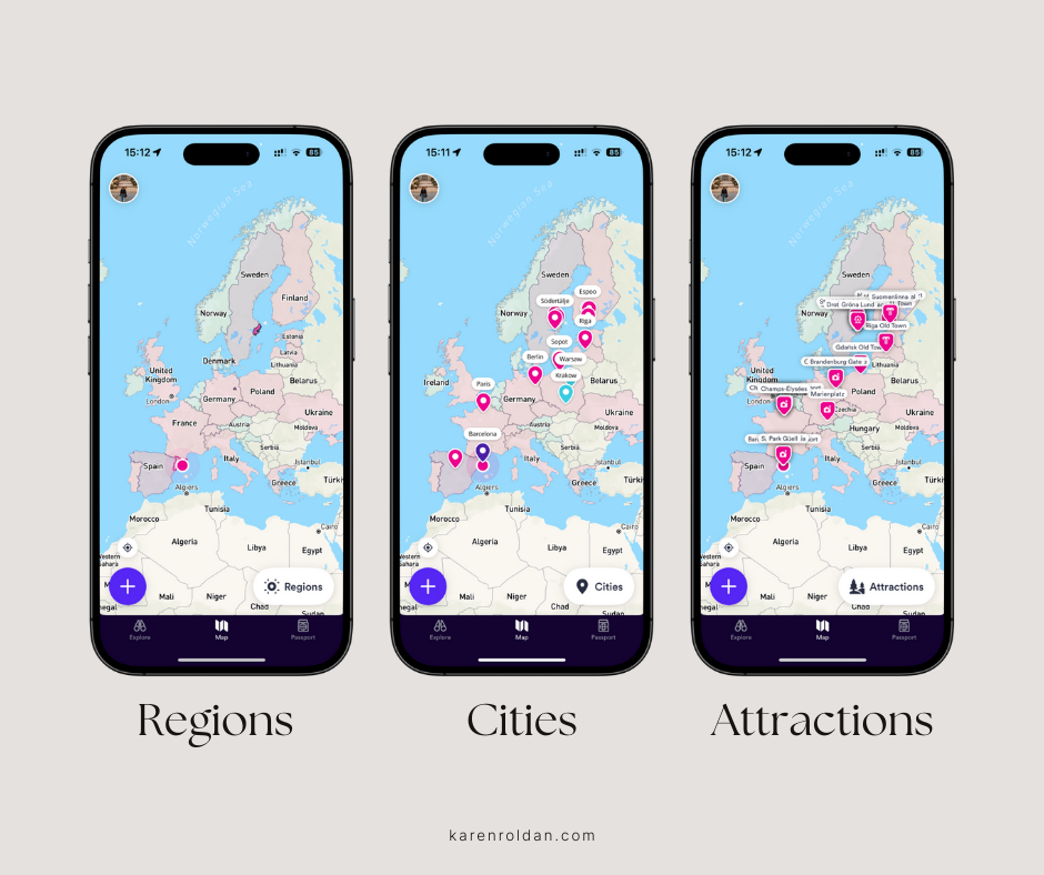 Three screenshots of the Skratch App displaying map views for regions, cities, and attractions visited across Europe.