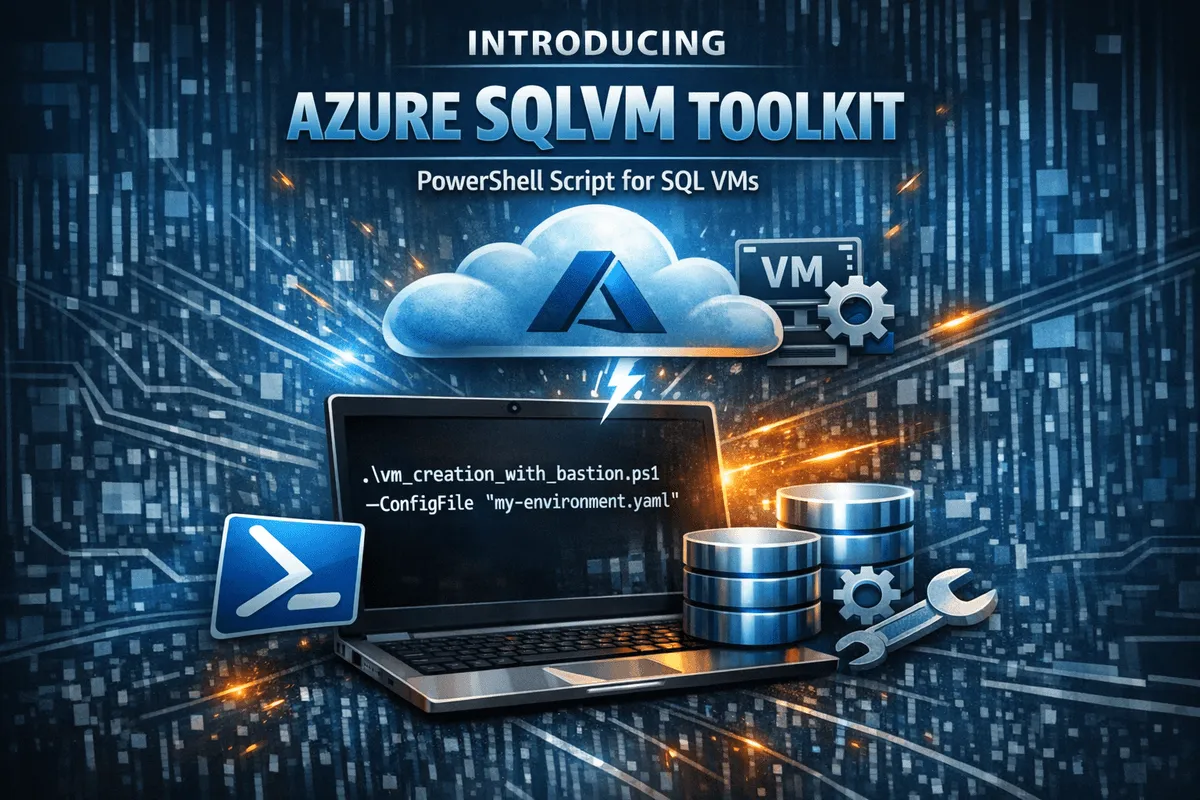 A bluish and shell featuring techy picture with a laptop and database symbols and a cloud with the old Azure logo. Picture generated by Microsoft Copilot