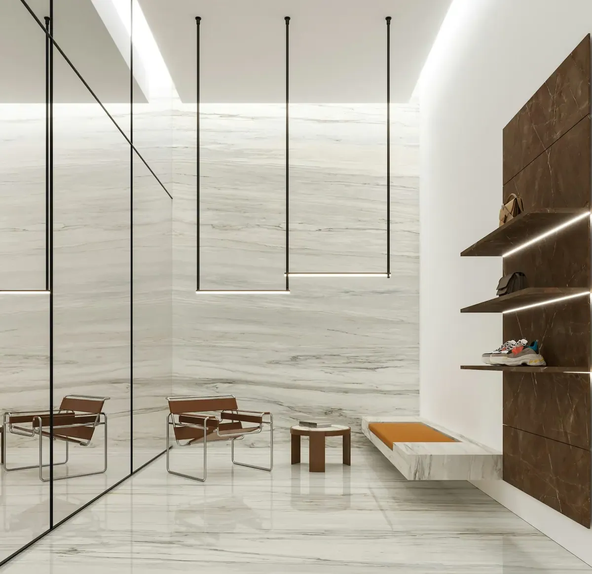 a room with a marble floor and a white wall
