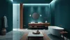 Salle de bain élégante avec des murs en teal profond, des accents en bois et en marbre
