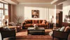 Salon cosy avec un grand canapé marron, des meubles en bois, des coussins doux, des tapis
