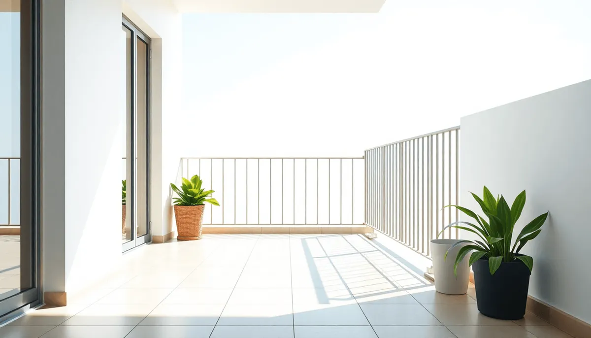 Balcon ensoleillé avec des carreaux lisses, des rampes en métal simples et des plantes vertes 
