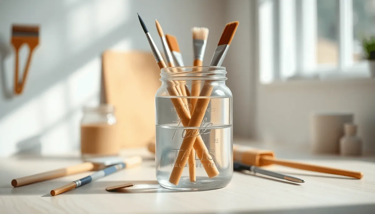 Espace de travail lumineux avec des pinceaux trempant dans un pot en verre de liquide clair