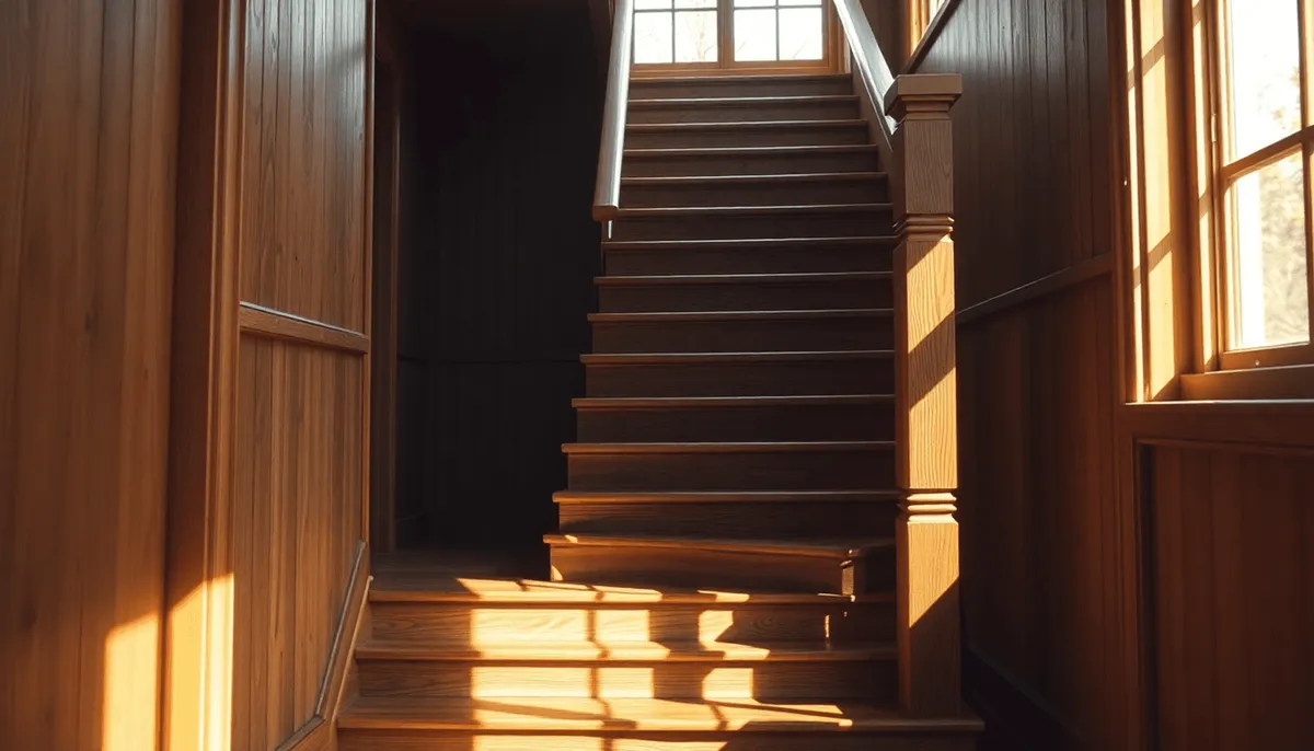 Escalier en bois baigné de douce lumière naturelle, mettant en valeur le grain du bois 