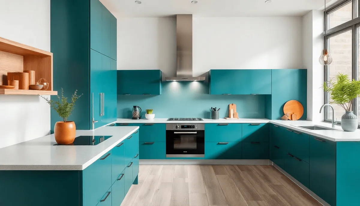 Cuisine moderne avec des armoires teal, des accents en bois naturel et un éclairage doux 