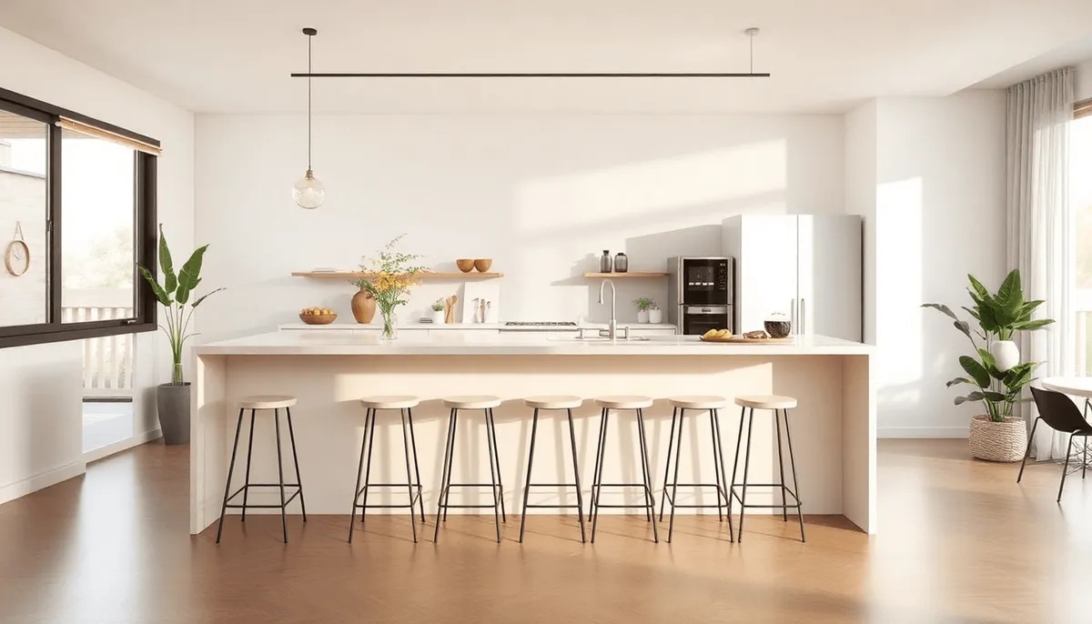 Cuisine ouverte moderne et lumineuse avec un élégant comptoir de bar, un design minimaliste