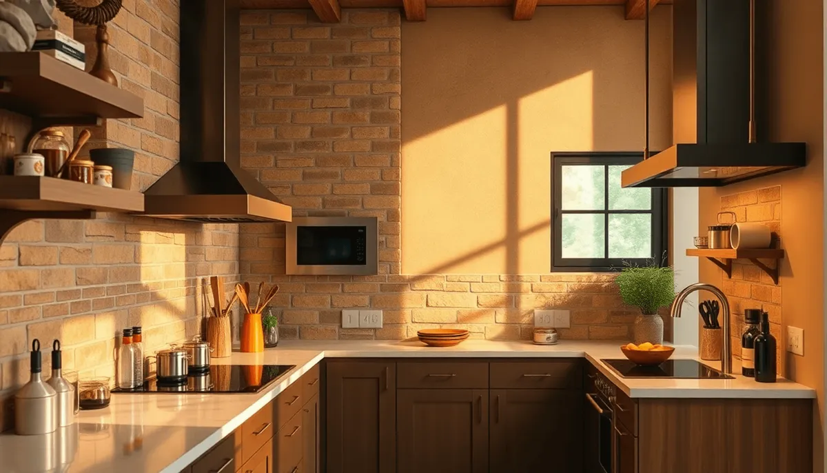 Cuisine chaleureuse avec des murs en pierre et en briques chaudes, dosseret en verre moderne