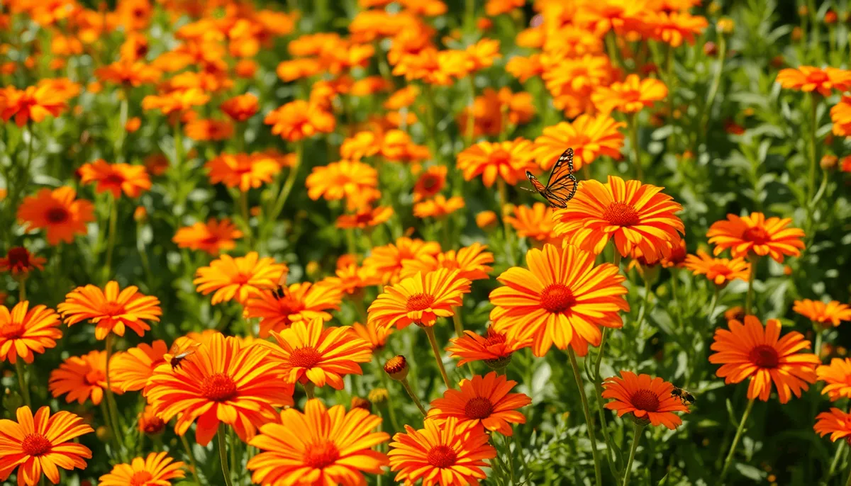 Un jardin vibrant avec des fleurs orange vif, des feuilles vertes luxuriantes et des papillons 