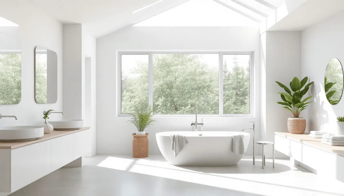 Salle de bain moderne et lumineuse avec baignoire autoportante, robinetterie élégante