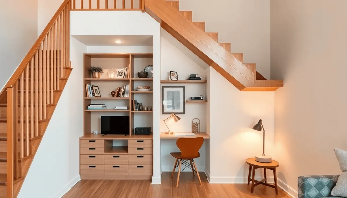 Espace sous l'escalier moderne et cosy avec étagères intégrées, tiroirs, un petit bureau 