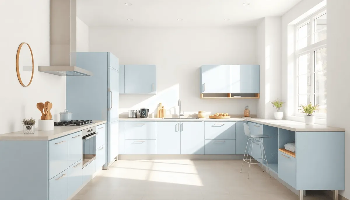 Cuisine lumineuse avec des tons bleu pastel et beige, mobilier élégant, rangement intelligent 