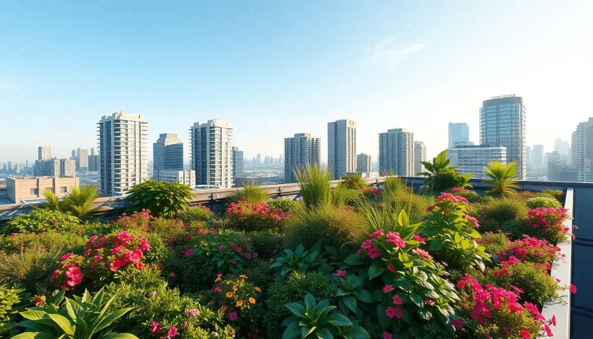 Jardin sur le toit luxuriant avec des fleurs et une verdure vibrantes sur les bâtiments de la ville