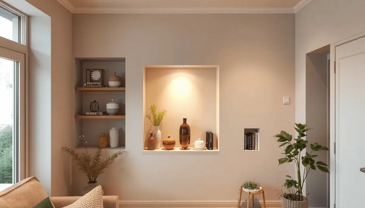 Niche murale intégrée avec des vases en céramique, des plantes et de la vaisselle