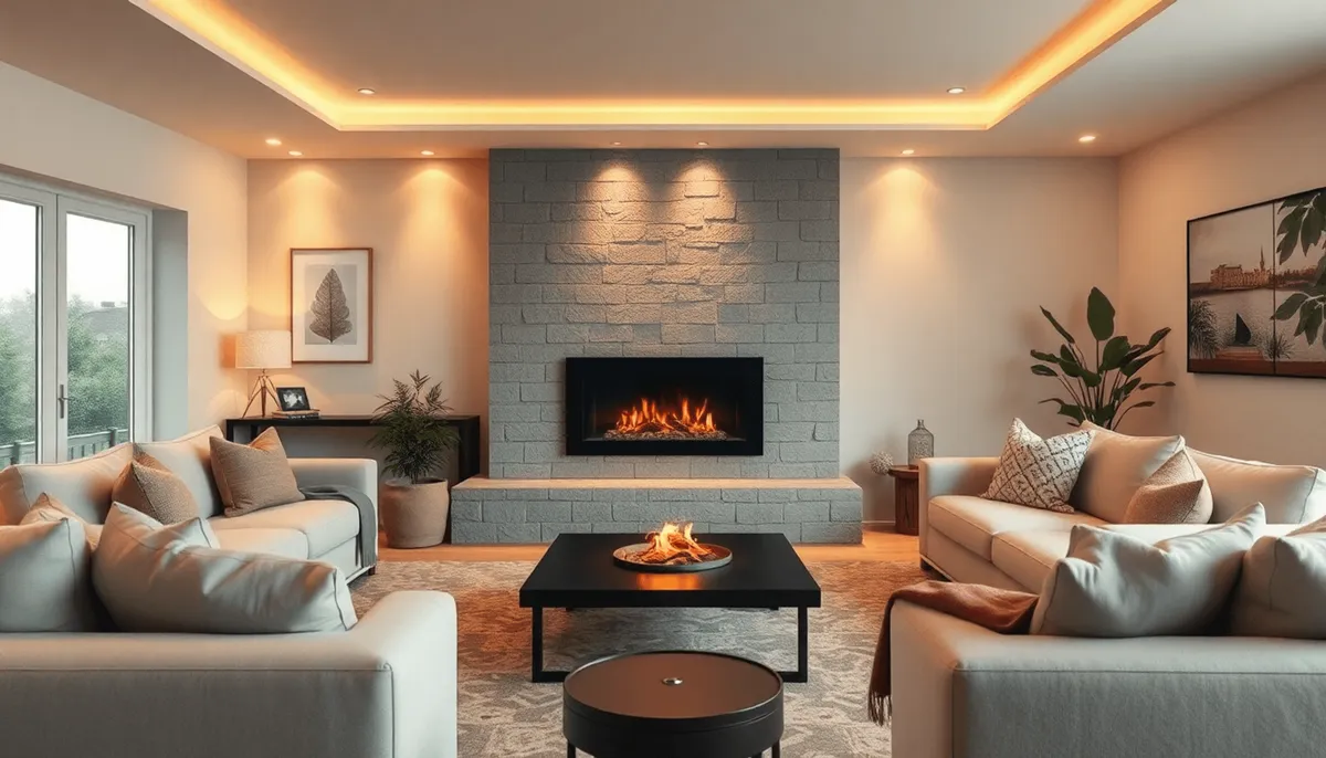 Salon confortable avec une cheminée moderne, des canapés confortables