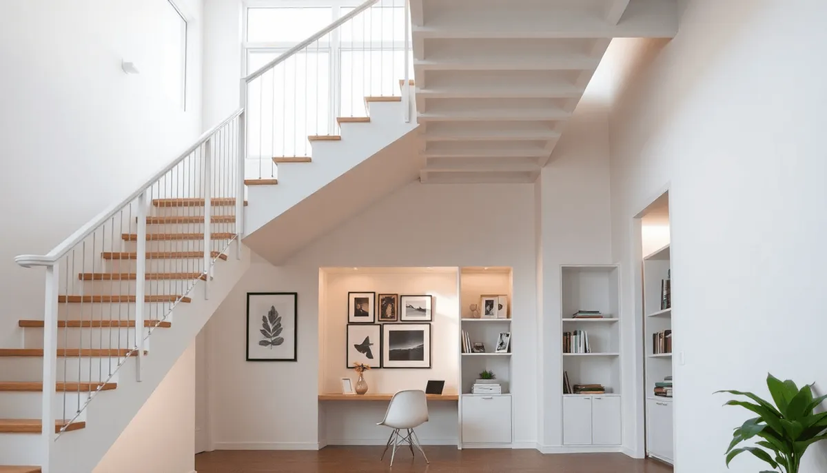 Intérieur moderne lumineux avec un escalier ouvert, bureau compact à domicile ou étagères intégrées.