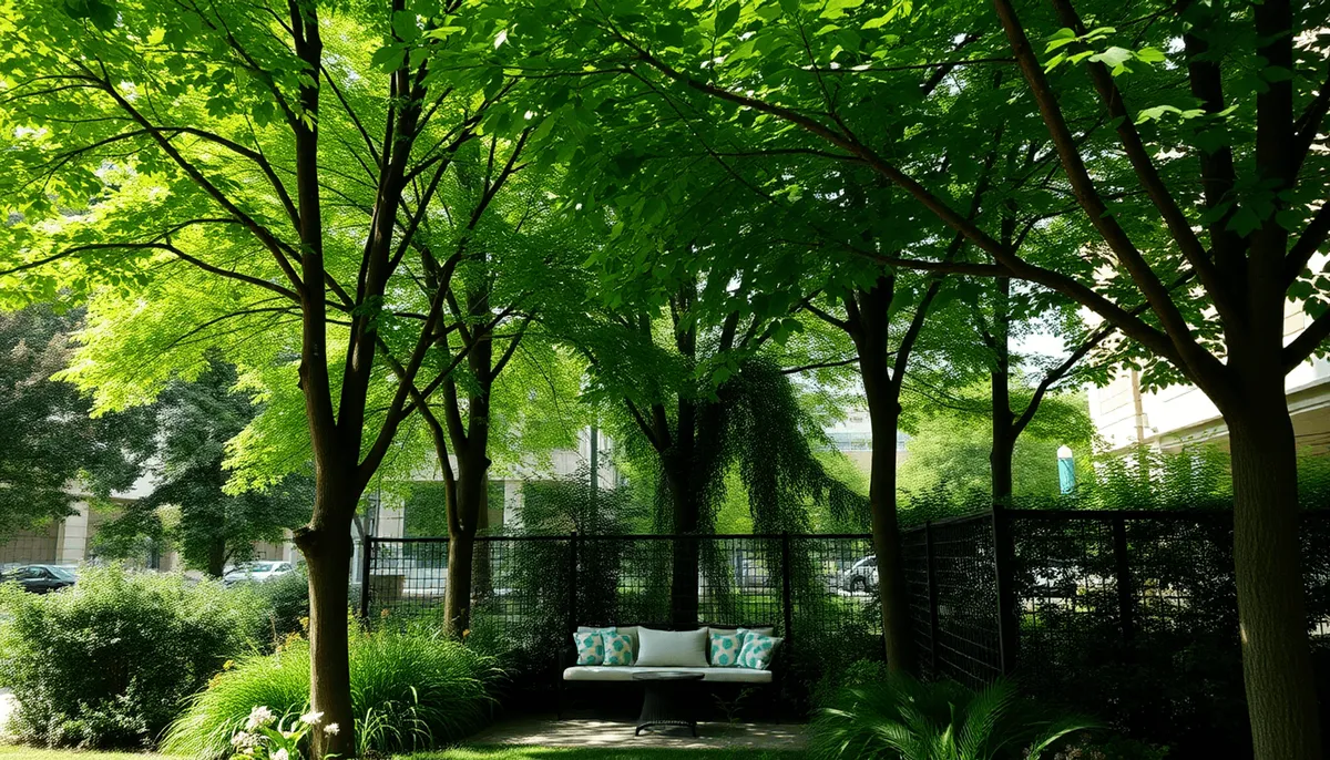 Des arbres verts luxuriants entourent un coin salon extérieur confortable avec des plantes vibrantes