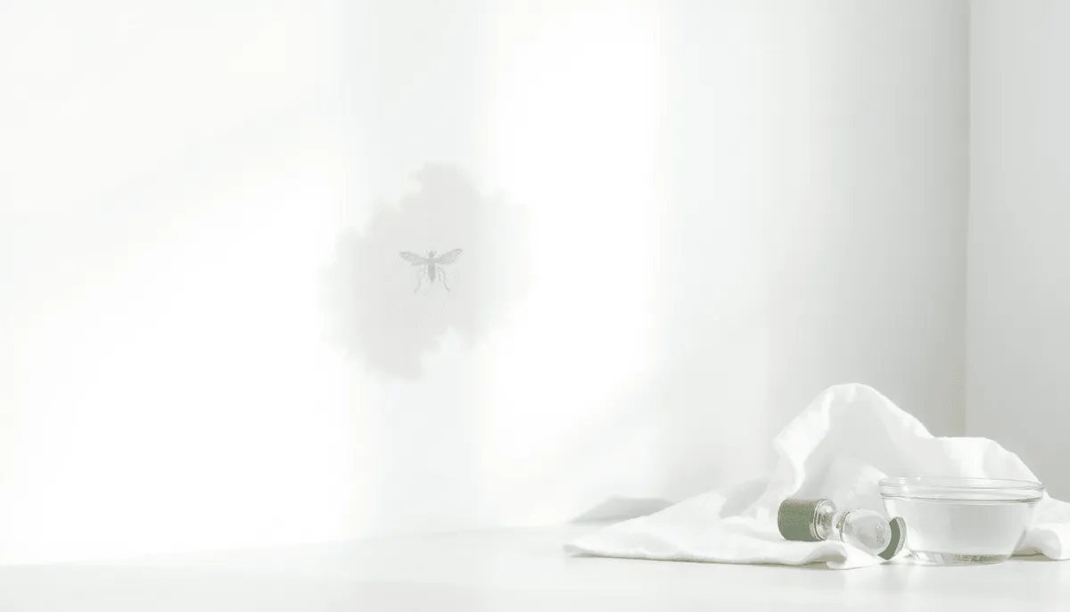 Mur intérieur lumineux avec une légère tache brunâtre, tissu blanc et petit bol de liquide clair