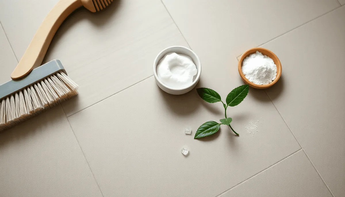 Gros plan de carreaux de sol mats avec une brosse de nettoyage, un bol de savon et de bicarbonate de soude