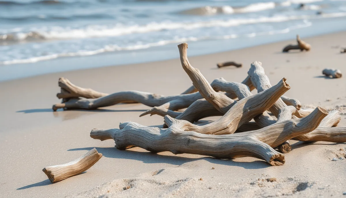 Bois flotté lisse dispersé sur une plage de sable avec des vagues océaniques douces 