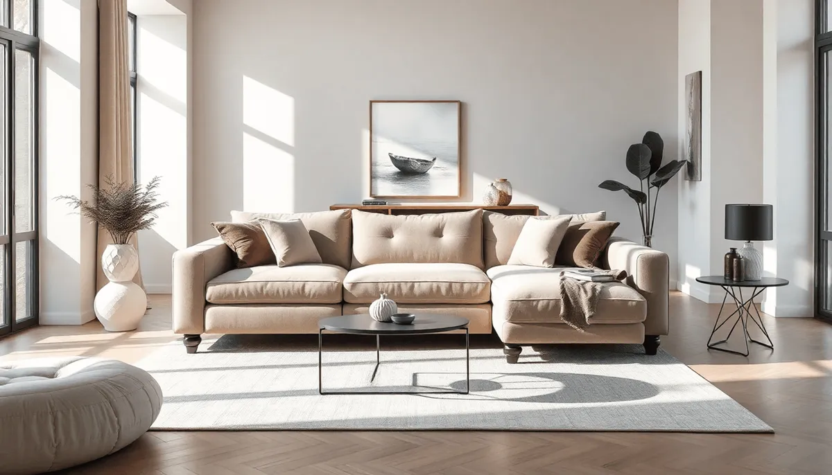 Salon moderne avec un canapé convertible élégant, des textures en velours et en lin
