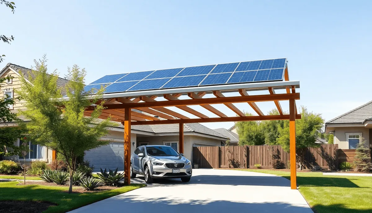Carport moderne en bois et métal avec panneaux solaires à côté d'une maison suburbaines