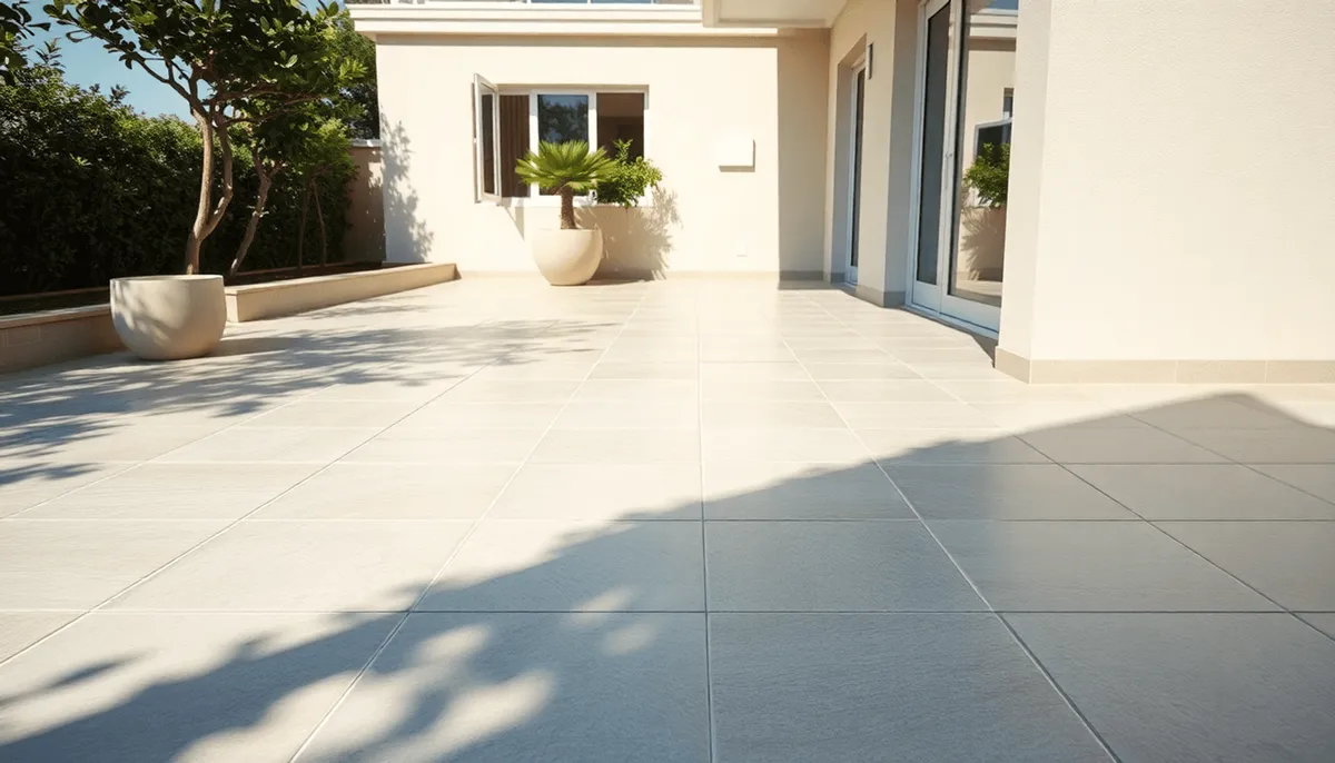 Terrasse extérieure ensoleillée avec des carreaux de couleur neutre, douces ombres des plantes