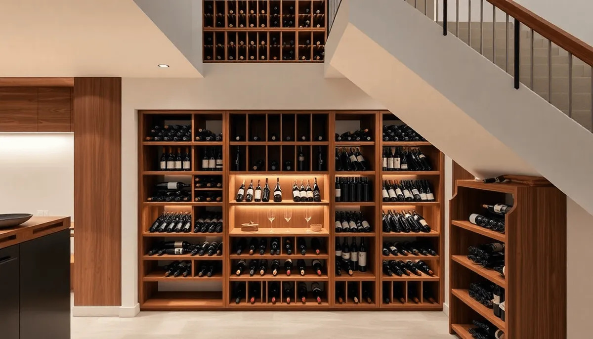 Cave à vin moderne sous un escalier avec des étagères en bois, un éclairage d'ambiance