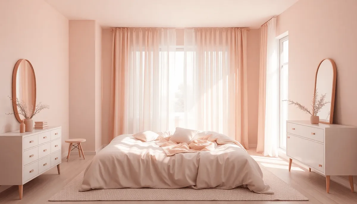 Chambre cozy avec des tons rose poudrés, douce lumière à travers des rideaux transparents